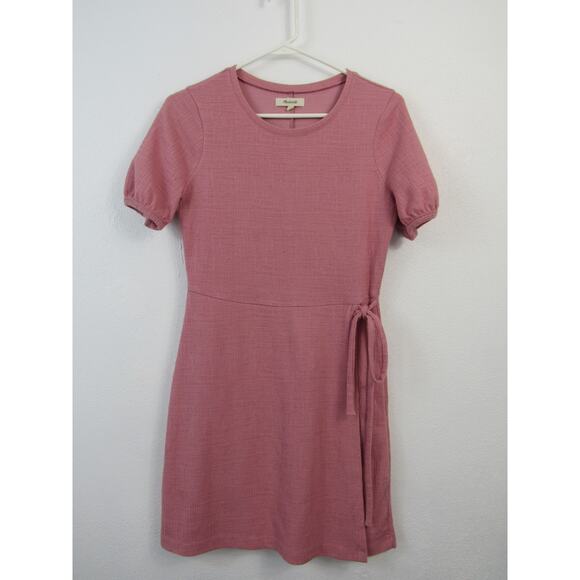 Madewell XS Crosshatch Puff-Sleeve Faux-Wrap Mini Dress Weathered Berry Pink - Picture 2 of 7